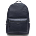 Black leather backpack with front zipper pocket and rounded top handle
