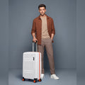 White small cabin polycarbonate suitcase with red trim, 8 wheels and telescopic handle