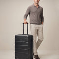 Small cabin suitcase, black polycarbonate with 8 wheels and telescopic handle