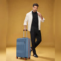 Blue small cabin polycarbonate suitcase with 8 wheels and telescopic handle