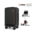 Black hardshell cabin trolley suitcase with red trim, front view and spinner wheels