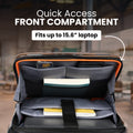 Front compartment of black trolley suitcase with padded laptop sleeve and straps