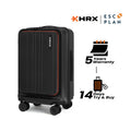Black hard-shell trolley suitcase with spinner wheels and red-trim laptop compartment