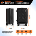 Black cabin trolley suitcase with laptop compartment, four spinner wheels, zipper