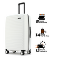 White hard-shell check-in suitcase with upright handle and four wheels