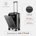 Laptop cabin trolley with carbon-fiber finish shell and front compartment panel open