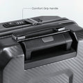 Black trolley top handle and front compartment area with visible grip and opening