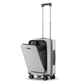Light gray polycarbonate cabin trolley with front-opening flap and top carry handle.
