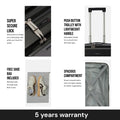 Black cabin laptop trolley with front latch, telescopic handle, and interior storage