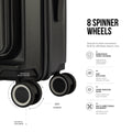 Black cabin trolley showing 360° spinner wheels and reinforced wheel housing