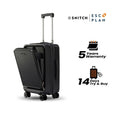 Dark grey polycarbonate cabin trolley with side laptop compartment and spinner wheels