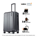 Charcoal grey hard-shell suitcase with telescopic handle and 8 smooth wheels