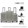 Hard-shell luggage set: silver three-piece suitcases with side handles and wheels