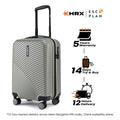 Silver small cabin suitcase with ribbed shell, front handle, and four corner wheels
