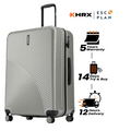 Silver check-in suitcase with ribbed shell, side handle, and dual wheels