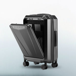Dark grey laptop trolley suitcase with front compartment panel open and spinner wheels