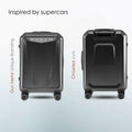 Cabin trolley suitcase front and back views with four spinner wheels, dark shell