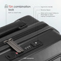 Top of dark grey laptop trolley with TSA combination lock, zipper pull, and keypad