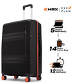 Black large check-in suitcase with telescopic handle, orange side stripe, and four wheels