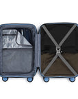 Open light blue suitcase showing dark interior panels and cross straps.