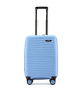 Small cabin suitcase in light blue with telescopic handle and four base wheels