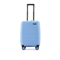 Hard-shell cabin suitcase, light blue front view with telescopic handle and wheels