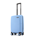 Light blue small cabin suitcase with ridged shell and black top handle
