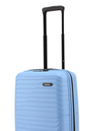 Light blue small cabin suitcase front top with ridged finish and centered logo