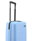 Light blue hard-shell small suitcase with telescopic handle and wheels.