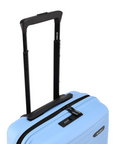 Light blue small cabin suitcase top edge with black handle and zipper track