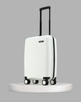 White small cabin suitcase with telescopic handle and multi-direction wheels