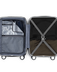 White small cabin suitcase open showing interior dividers and straps