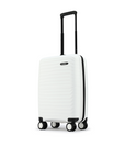 White small cabin suitcase with telescopic handle and multi-direction wheels