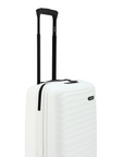 White small cabin suitcase with extended handle and black trim, front corner view