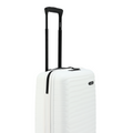 White small cabin suitcase with extended handle and black trim, front corner view