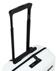 White cabin suitcase with black top handle and side grab, front zipper detail