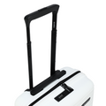 White cabin suitcase with black top handle and side grab, front zipper detail