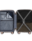 Peach suitcase open with inner compartments, cross straps, and 8 wheels.