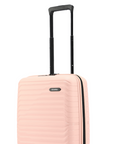 Peach small cabin suitcase front view with extendable handle and ridged shell.