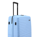 Light blue large check-in suitcase side view with front zipper track and handle