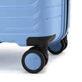 Blue hard-shell suitcase wheel with black rim and corner bumper detail