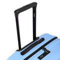 Blue hard-shell suitcase top handle with black grip and zipper side panel