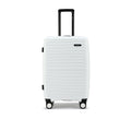 White hard-shell suitcase with telescopic handle and four corner wheels
