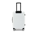 White hard-shell suitcase back view with telescopic handle and wheels