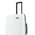 White hard-shell suitcase front with telescopic handle and side zipper pocket