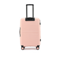 Peach medium suitcase with telescopic handle and caster wheels at each corner