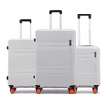 Three white cabin suitcases with telescopic handles and eight spinner wheels