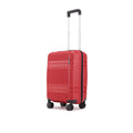 Small cabin suitcase with 8 wheels, red shell in side view, ribbed panel design