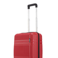 Small cabin suitcase with 8 wheels, close front corner, red shell and black zipper edge