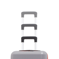 Small cabin suitcase top view, black carry handles on white frame